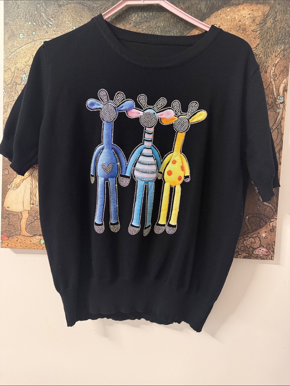 Black Short Sleeve Knit Top | Rhinestone Colorful Giraffe Crewneck Sweater